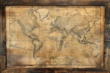 A vintage world map with an antique wooden frame, showcasing continents and oceans in a classic design. Perfect for history and travel enthusiasts.