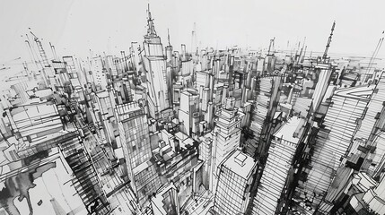 Fototapeta premium Abstract black and white sketch of a modern city skyline, showcasing tall skyscrapers and urban architecture in intricate detail.