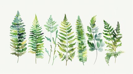 Fototapeta premium Beautiful watercolor various fern leaves. Hand-painted botanical art perfect nature-themed projects decor.