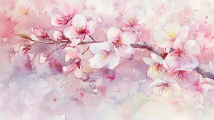 Beautiful watercolor painting cherry blossoms soft pastel colors, capturing delicate beauty spring flowers.