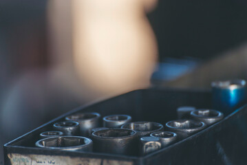 Mechanic tools engineering equipment car auto repair shop with copy space. Blurred background mechanical service. Heavy screw grungy rusted wrenches dirty screwdriver object. Industrial hardware set