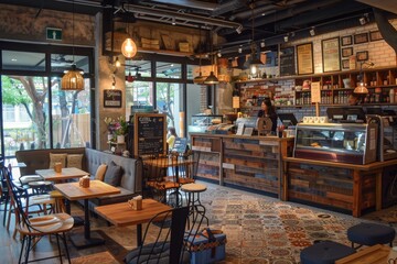 Rustic Cafe Interior with Warm Lighting and Tile Floor