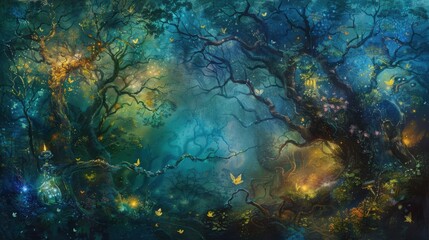 Obraz premium Enchanting fantasy forest with glowing lights and mysterious aura, depicting an otherworldly landscape filled with whimsy and wonder.