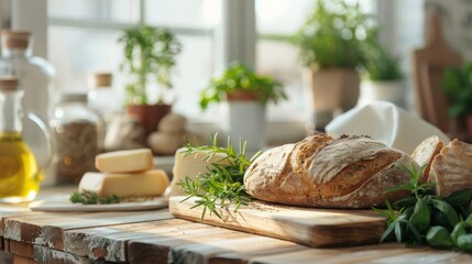 Freshly baked bread with herbs and cheeses on a rustic wooden table in a cozy kitchen with natural light and potted plants.