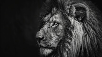 Majestic black and white portrait of a lion showcasing its regal mane and piercing gaze in a profile view.