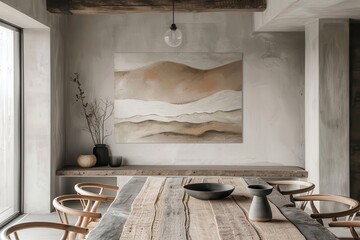 Minimalist dining room with rustic wooden table, modern chairs, abstract wall art, and natural light - perfect for contemporary interior design.
