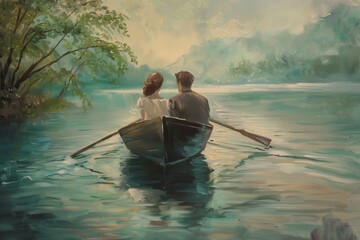 Romantic scene of a couple rowing a boat on a serene lake, surrounded by lush greenery and misty mountains in the background.