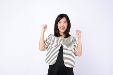 An Asian woman is raising fists in a gesture of joy against a white background.