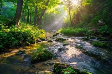 Obraz premium Sunlight filters through the trees onto a serene forest stream, creating a peaceful and natural landscape scene perfect for nature lovers.
