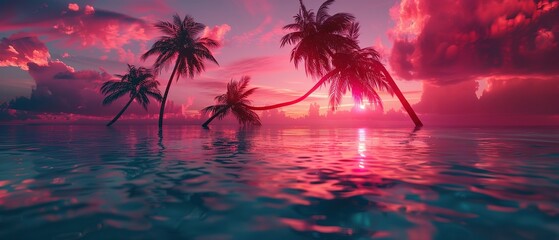 Obraz premium Tropical Island Paradise with Pink Sunset and Palm Trees
