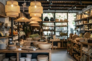 Rustic Shop Interior with Wooden Shelving and Woven Lamps