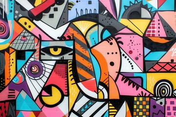 Vibrant colorful abstract geometric pattern dynamic shapes, lines, vivid colors creating lively composition.
