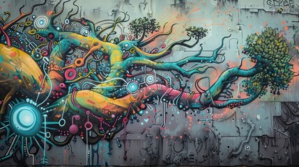 Obraz premium Vibrant graffiti mural abstract tree colorful branches blending nature technology urban wall.