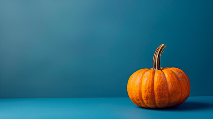 Bright blue background for Halloween. Orange samhain pumpkin. Vegetable, harvest. Banner, poster. Copyspace for your text. 