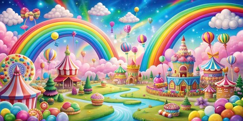 Fototapeta premium Colorful amusement park with candies, clouds, rainbows, fairies, and candy, amusement park, colorful, candies, clouds, rainbows