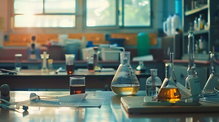 A classroom table with science lab equipment