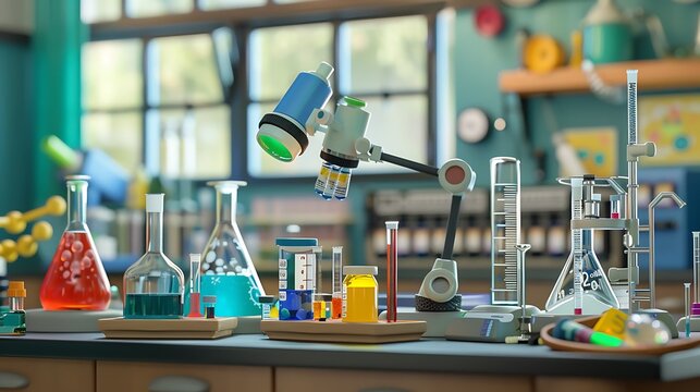 A classroom table with science lab equipment