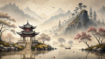 Obraz premium Chinese ink landscape painting with intricate details depicting a serene and traditional oriental landscape scene, Chinese