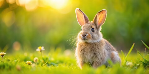 Fototapeta premium Adorable fluffy rabbit in a field , cute, fluffy, bunny, animal, pet, adorable, fur, nature, wildlife, playful, sweet, eyes