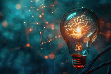 Abstract image of a brain inside a lightbulb, symbolizing innovation and intellectual creativity, against a glowing and dynamic background.
