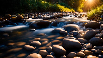 Obraz premium Stream and small pebbles sparkling under the sunlight, Generative AI