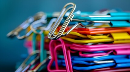 A stack of colorful paper clips and binder clips