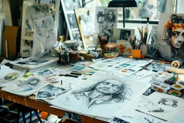 Creative artist' workspace filled sketches, drawings, paints, tools. busy environment showcasing artistic talent ingenuity.