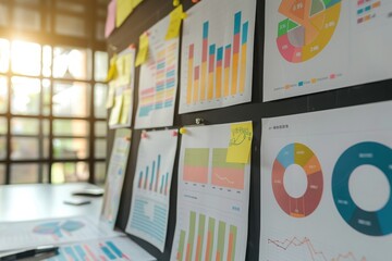 Data charts and graphs displayed on a wall for business analysis, strategy planning, and visual data presentation in an office setting.
