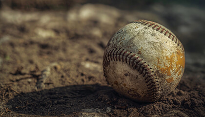 Close-up of an old, weathered baseball lying on the ground with dirt and grass