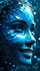 AI generated illustration of artistic smiley face which has been contained cracked mirror parts on blue color background