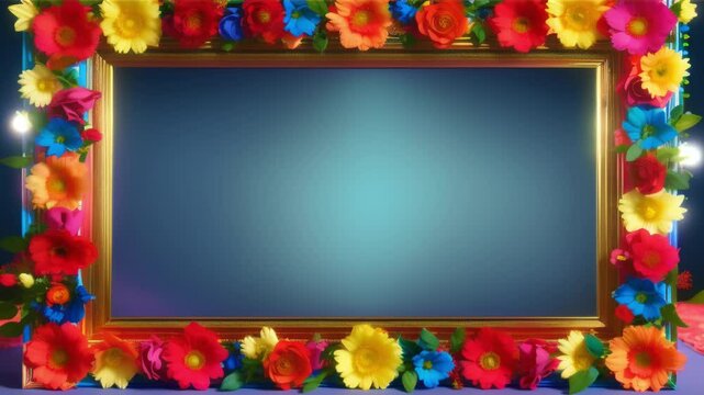 A frame with flowers on a blue background ,generative ai