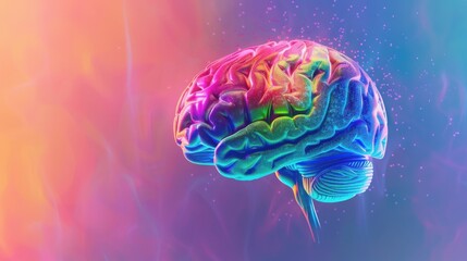 Obraz premium Vivid, colorful illustration of a human brain against a gradient background, highlighting creativity, intelligence, and mental health.