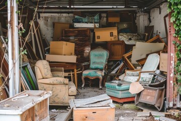 A cluttered garage filled with cardboard boxes and old furniture, Generative AI