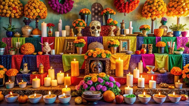 Mexican Day of the Dead altar with colorful decorations and candles, Dia de Muertos, traditional, ofrenda