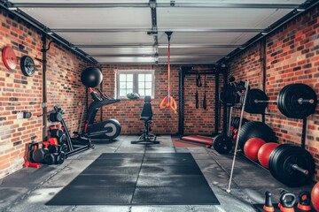 A cozy garage converted into a home gym with exercise equipment, Generative AI