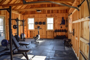 A cozy garage converted into a home gym with exercise equipment, Generative AI