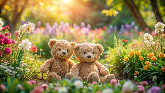Teddy bears placed whimsically in a blooming garden , teddy bears, garden, whimsical, playful, flowers, plush toys, outdoor