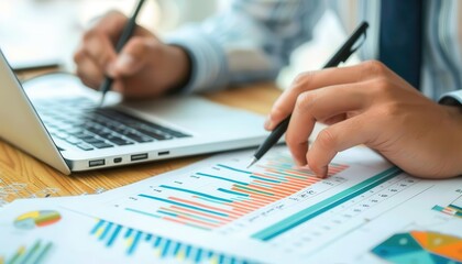 Business analyst working on data report with laptop and charts, analyzing financial performance and strategies in office environment.