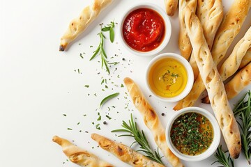 Assorted breadsticks with flavorful dipping sauces including tomato, basil, and olive oil, garnished with fresh rosemary on a white background.