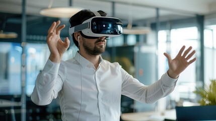 Male professional wearing virtual reality headset in modern office, exploring virtual environment with gestures, advanced technology