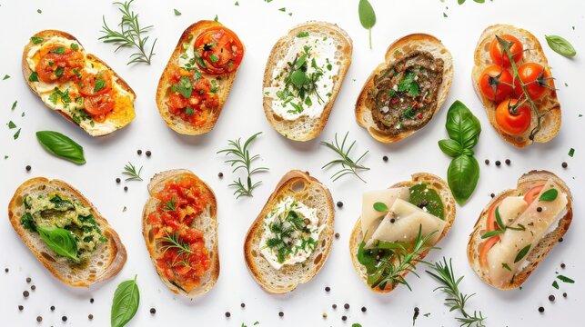 Assorted bruschetta appetizers with different toppings, including tomatoes, herbs, cheese, and meats, arranged on a white background.
