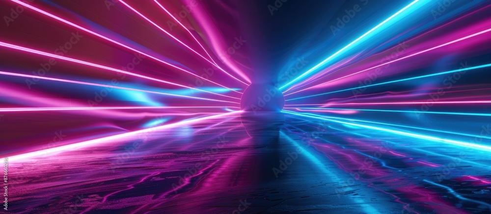 Poster dynamic neon lines in vivid pink and blue, flowing and creating wave patterns against a dark backgro