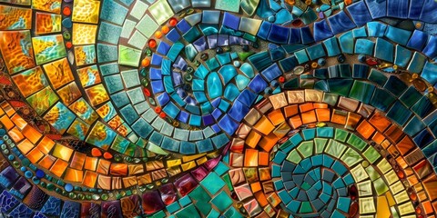 Abstract mosaic with intricate patterns and rich colors, creating a visually complex and captivating image