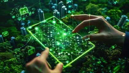Hands using a futuristic green digital interface in a lush forest. Concept of technology, nature integration, and environmental innovation.