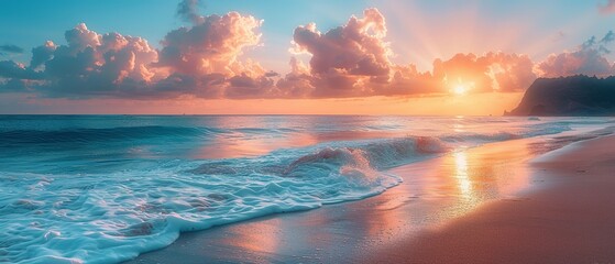 Obraz premium Tranquil Beach Sunset Overlooking the Ocean Waves and Sandy Shore