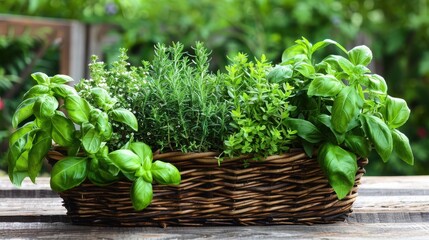 Naklejka premium Fresh green herbs in a woven basket on a wooden table, perfect for culinary use or decoration, showcasing nature's bounty.
