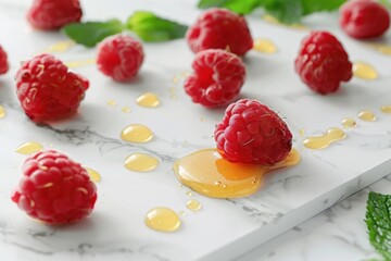 Fresh raspberries with honey drizzles on a marble background, accompanied by vibrant green mint leaves, depicting a delicious summer dessert.