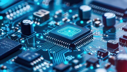 Close-up of an electronic circuit board with microchips, resistors, and other components, showcasing modern technology and engineering.