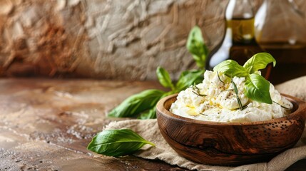 Rustic creamy ricotta cheese garnished with fresh basil leaves in wooden bowl, perfect for Italian cuisine and food presentations.