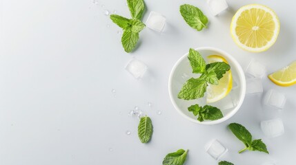 Obraz premium Top view of refreshing summer drink with lemon slices, mint leaves, and ice cubes on a white background.